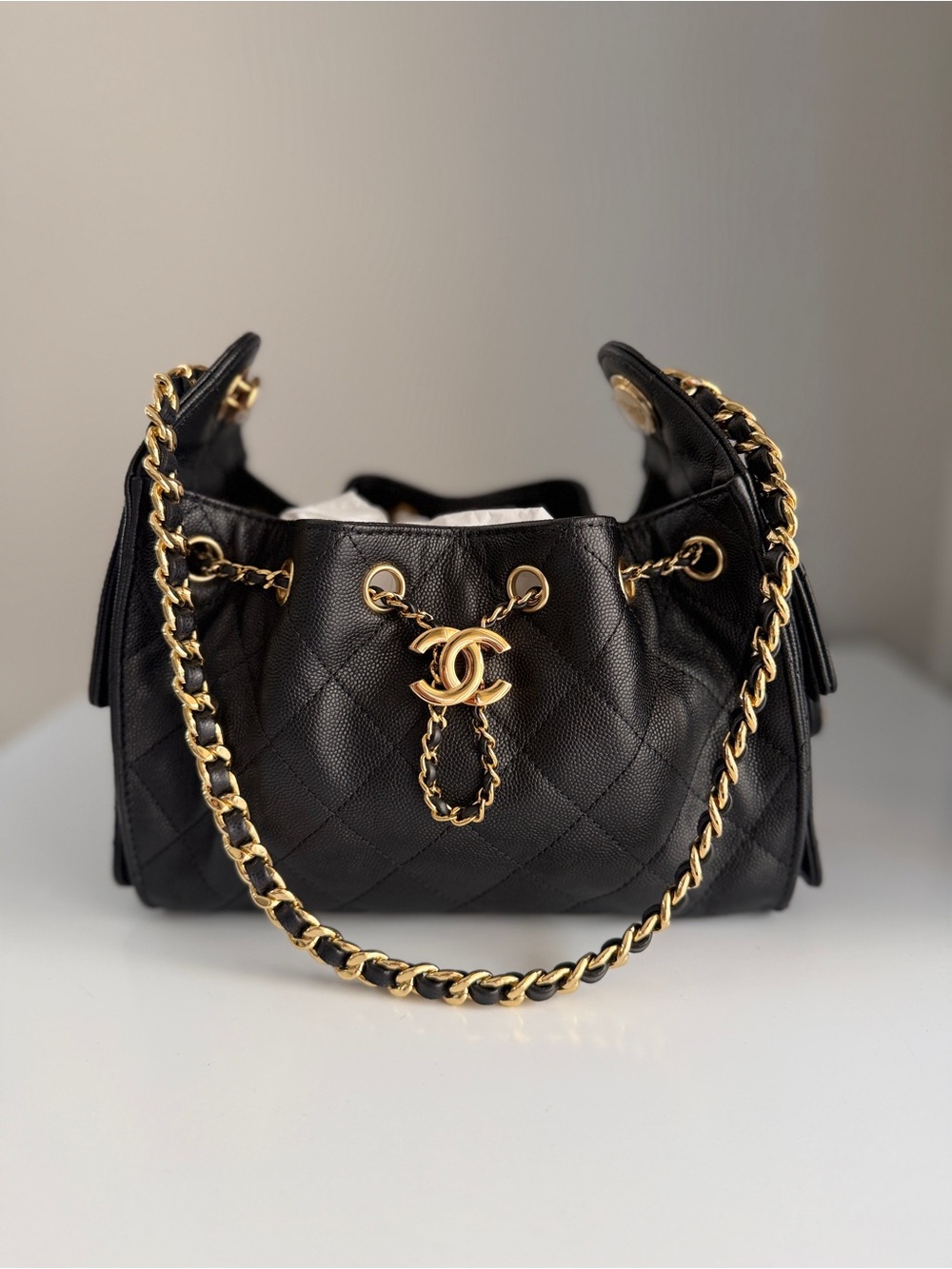 CHANEL Mini 25 black caviar new shiny gold hardware